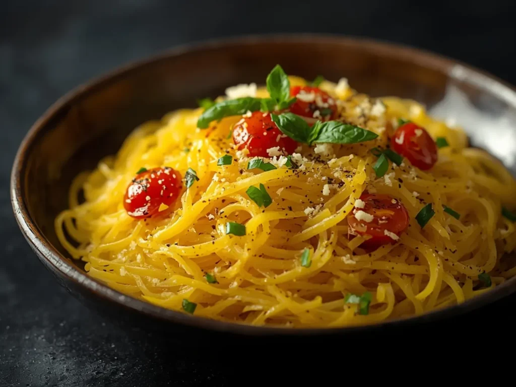 Air Fryer Spaghetti Squash: Perfectly cooked Air Fryer Spaghetti Squash halves with golden crispy edges and fork-shredded strands, served in an air fryer basket