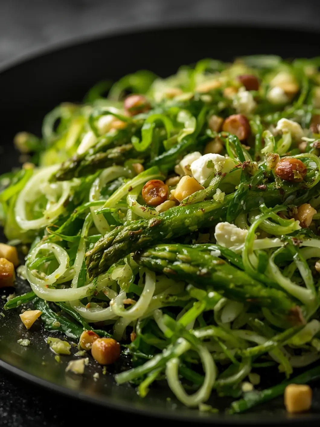 Crispy golden air fryer spring peas on a bed of fresh greens with feta cheese and mint, drizzled with lemon juice in a white bowl.