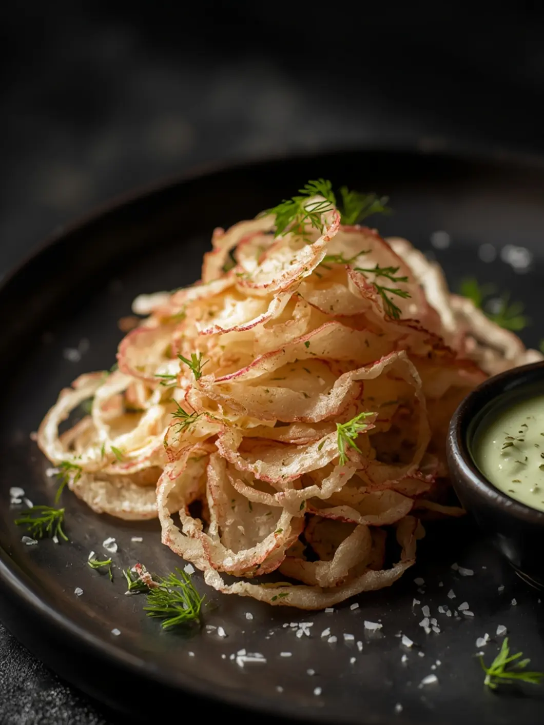 Golden crispy air fryer spring radish chips with pink edges on dark plate, crunchy texture visible, fresh radishes in background