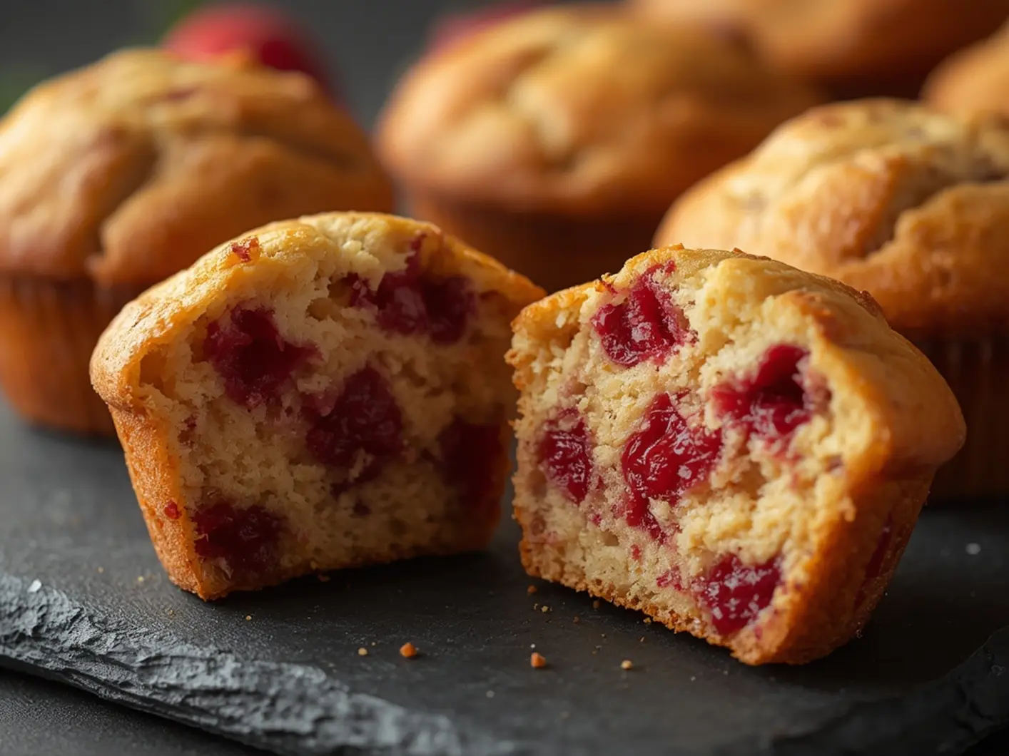 Air fryer Strawberry Muffins: Golden air fryer strawberry muffins with fresh berry pieces on top, showing a tender crumb.