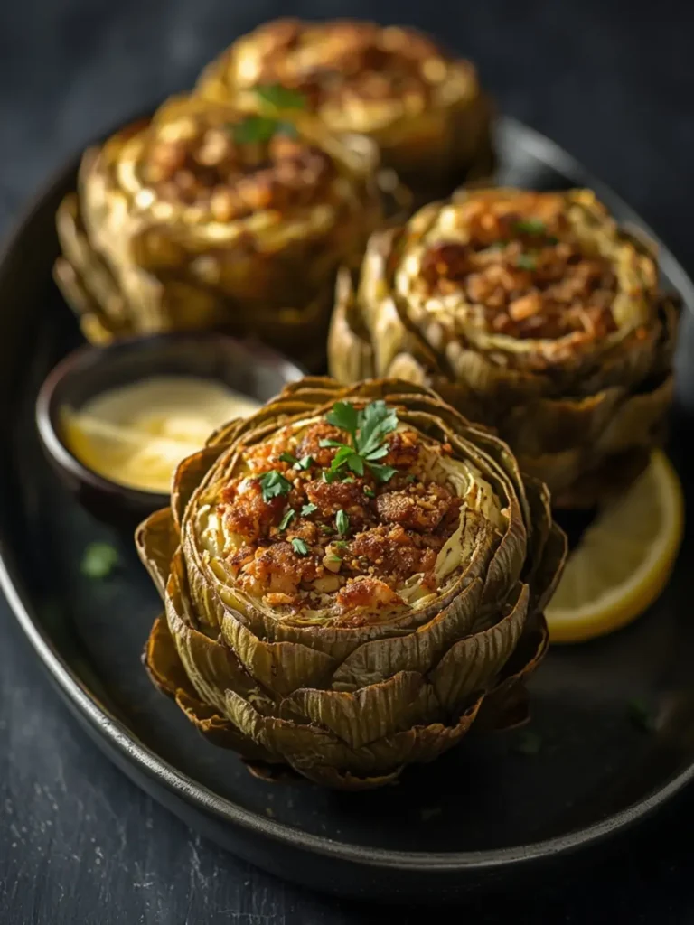 Golden brown crispy air fryer stuffed artichokes with melted parmesan and toasted breadcrumbs on wooden board with lemon wedges
