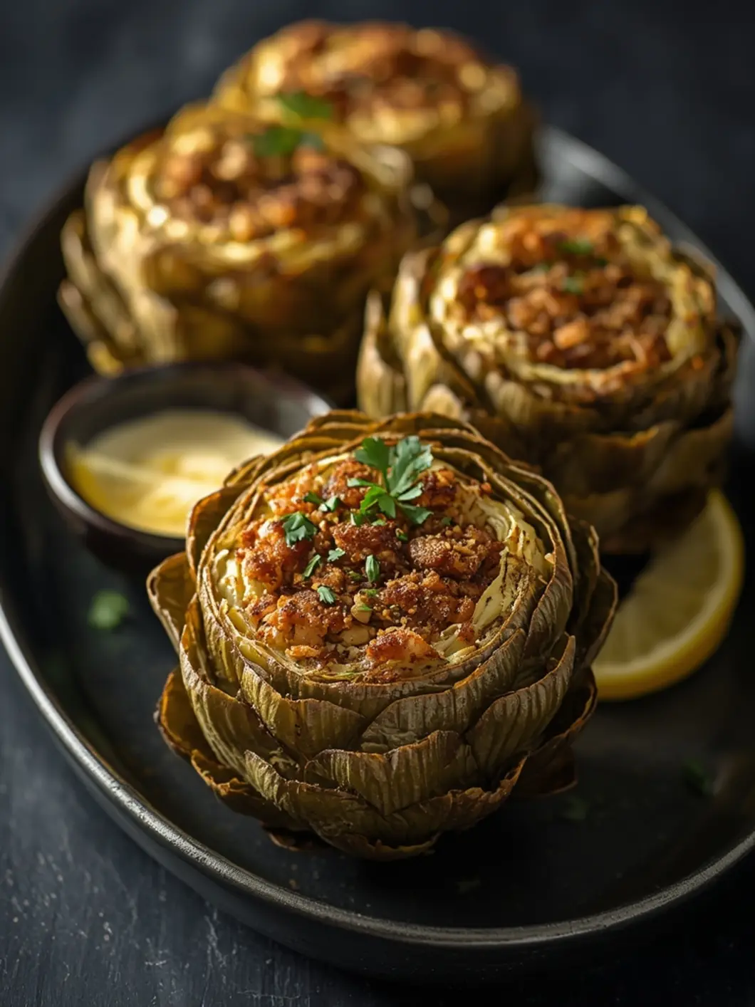 Golden brown crispy air fryer stuffed artichokes with melted parmesan and toasted breadcrumbs on wooden board with lemon wedges
