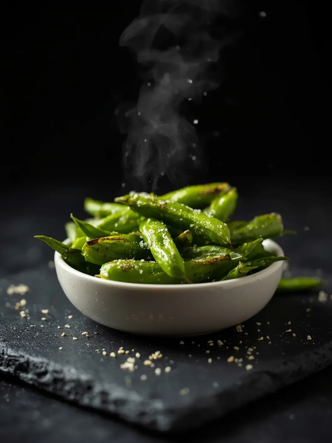 Golden-brown crispy air fryer sugar snap peas on a dark plate, showing charred spots and vibrant green color.