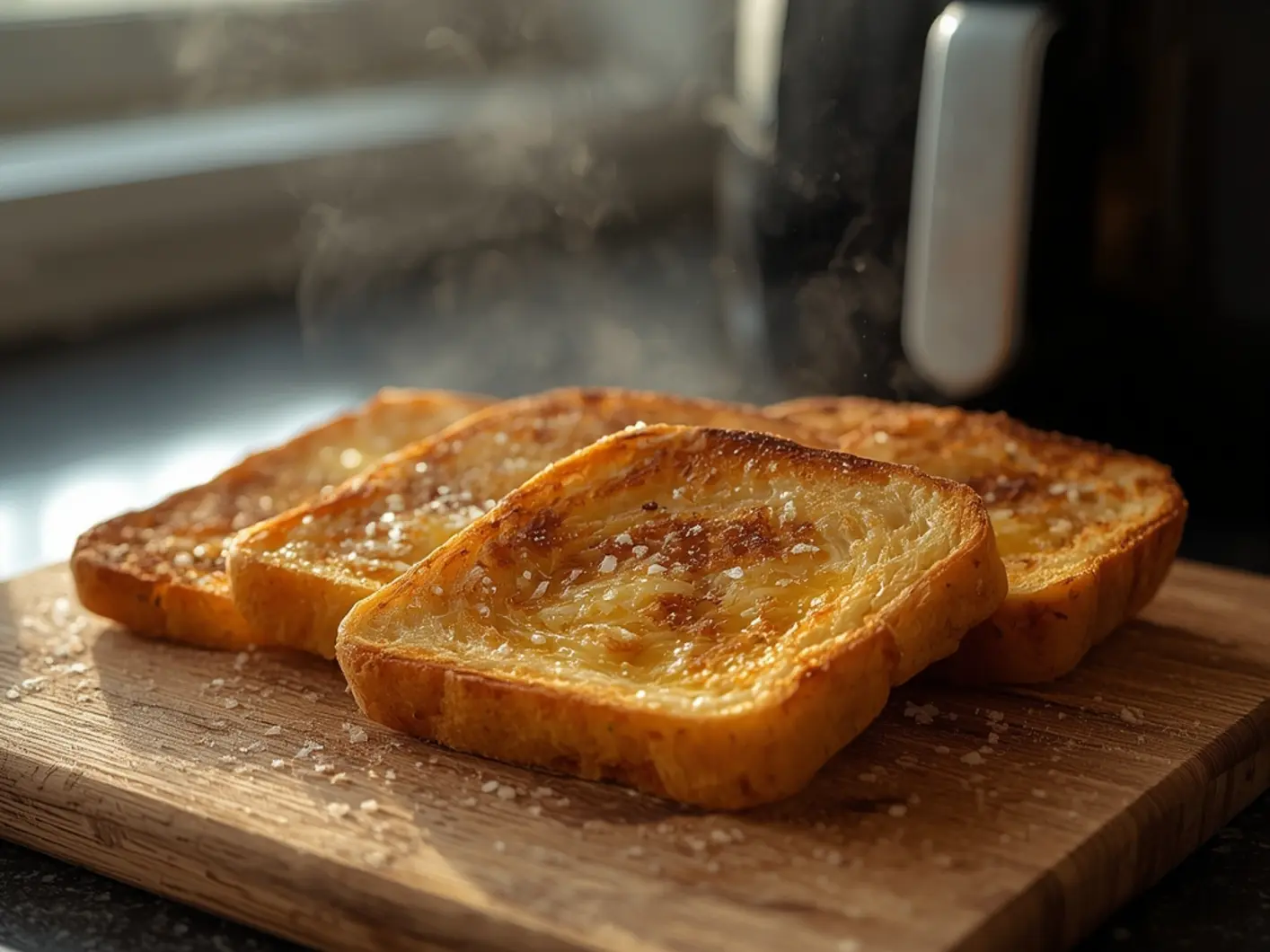 Air Fryer Toast Bread: Crispy golden brown air fryer toast bread slices with butter and salt on a wooden board.