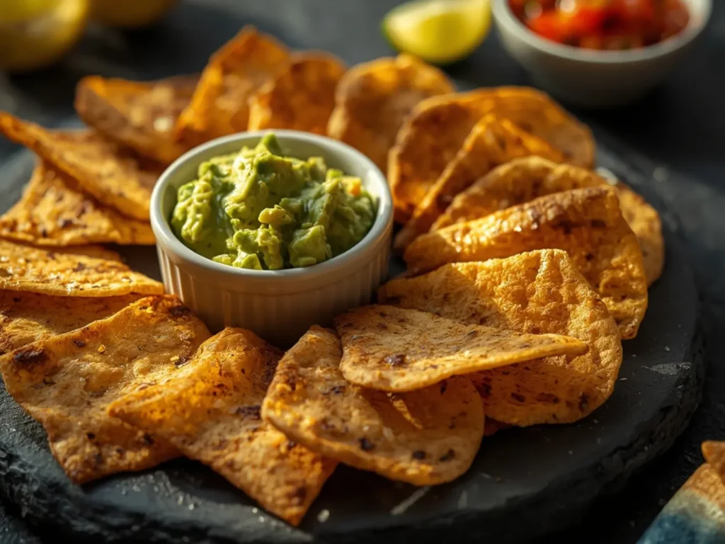 Air Fryer Tortilla Chips: Golden crispy tortilla chips in a bowl, perfectly air fried to golden brown, triangular shapes with visible seasoning, restaurant-quality appearance