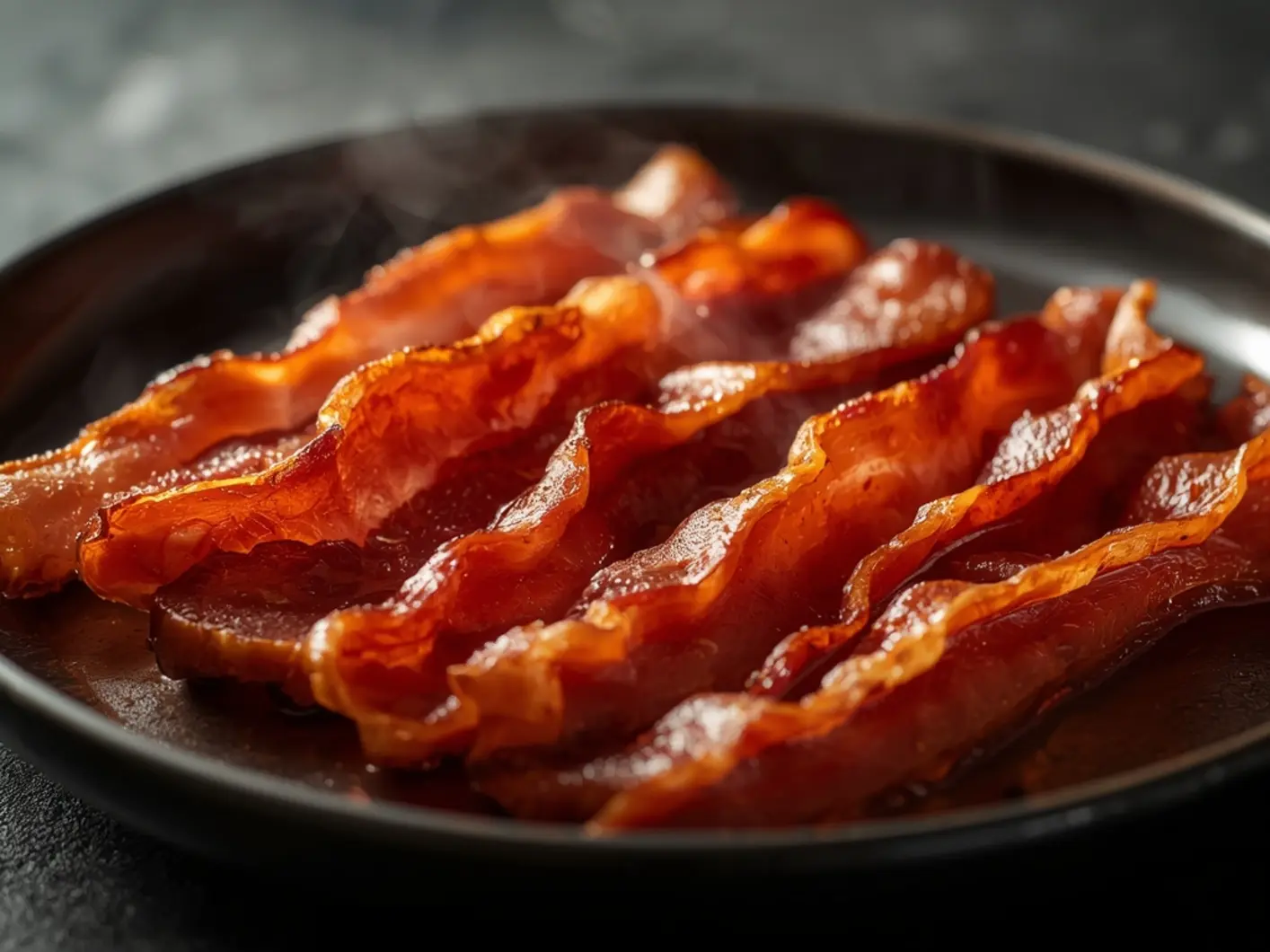 Air Fryer Turkey Bacon: Golden crispy turkey bacon strips with wrinkled texture and shiny surface on a dark plate, highlighting the perfect air fryer results