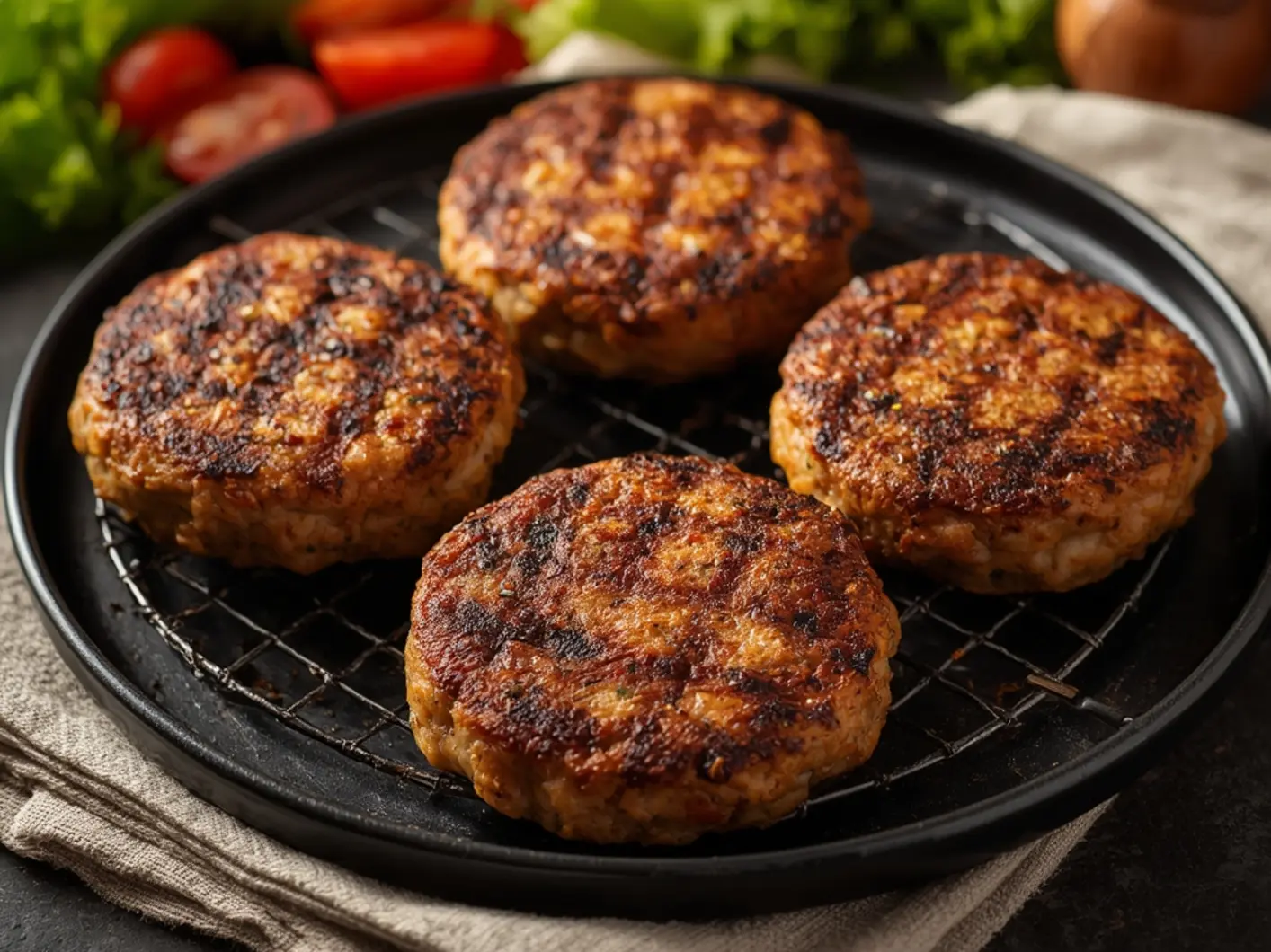 Air Fryer Turkey Burgers: Four golden-brown air fryer turkey burgers with juicy texture and crispy edges in a black air fryer basket, topped with melted cheese and fresh lettuce