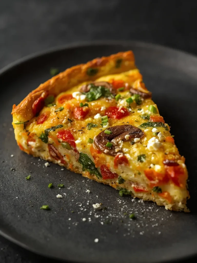 Air Fryer Veggie Frittata slice with melted cheese, peppers, and onions on a white plate, crispy golden edges, perfect breakfast.