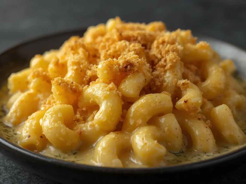 Air fryer Viral Mac and Cheese: Air fryer viral mac and cheese in a dish with crispy golden Panko topping and melted cheese.