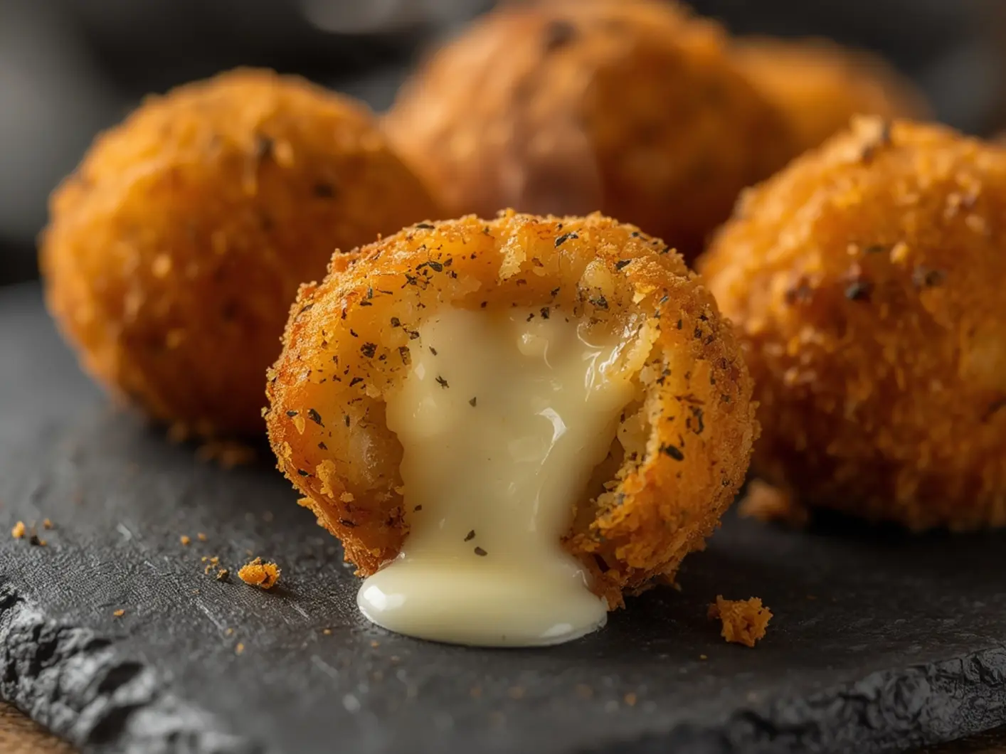 Arancini: Golden crispy air fryer arancini with molten mozzarella center on a rustic board