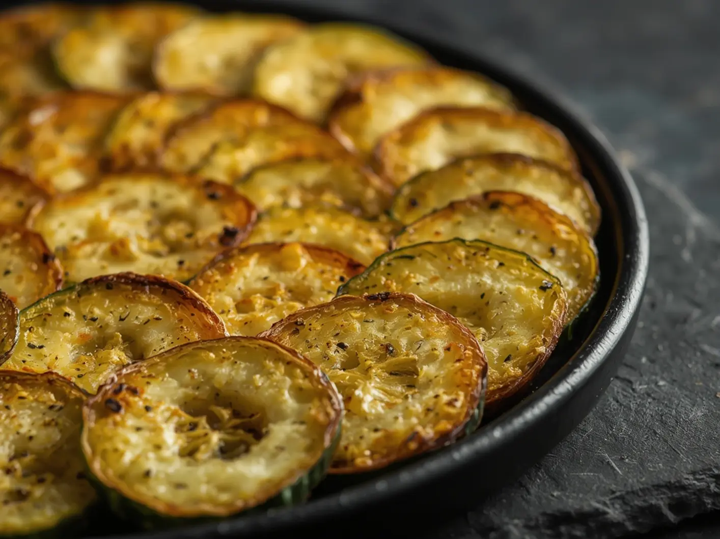 Baked cucumber slices: Crispy golden baked cucumber slices in an air fryer basket showing a light, crunchy texture.