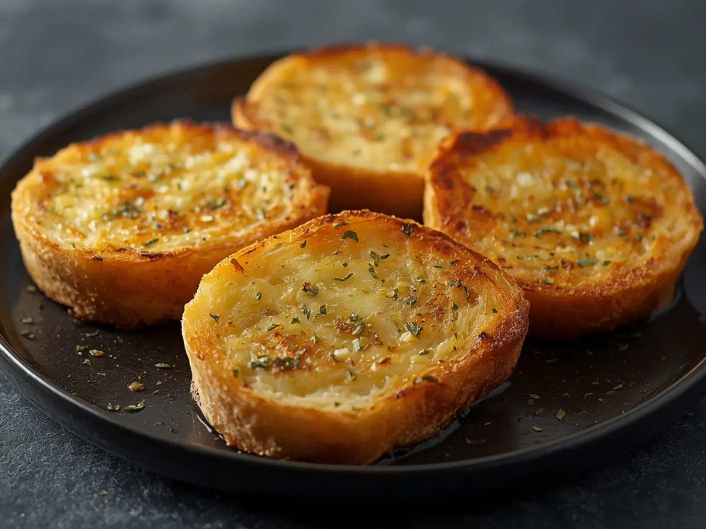 Frozen Garlic Bread in Air Fryer: Golden frozen garlic bread slices crisping in an air fryer basket with bubbling butter and garlic bits.