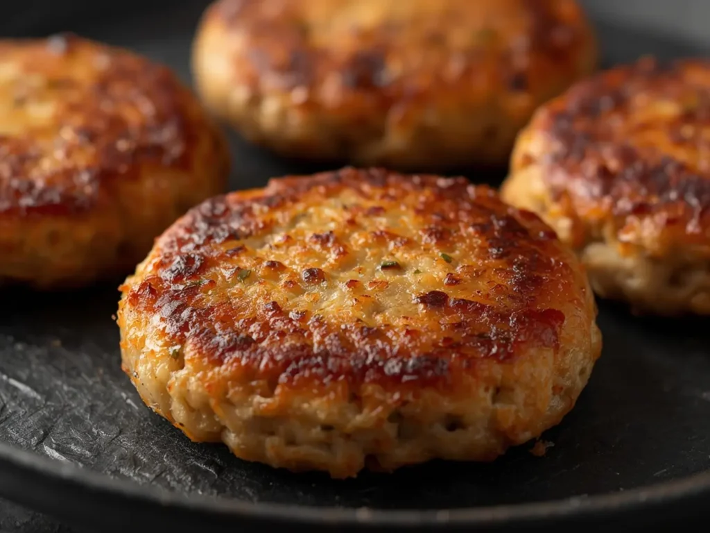 Frozen Sausage Patties in Air Fryer: Golden crispy frozen sausage patties cooked to perfection in an air fryer basket with visible steam.