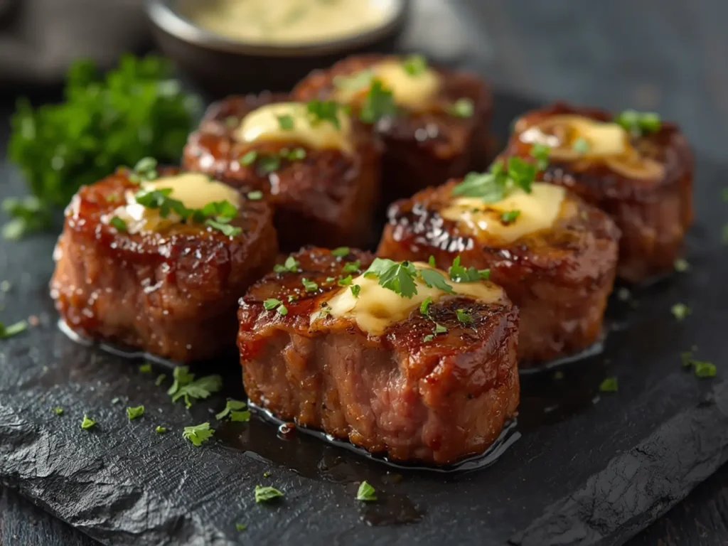 Steak Bites with Garlic Butter in Air Fryer: Juicy steak bites with garlic butter in air fryer basket garnished with parsley