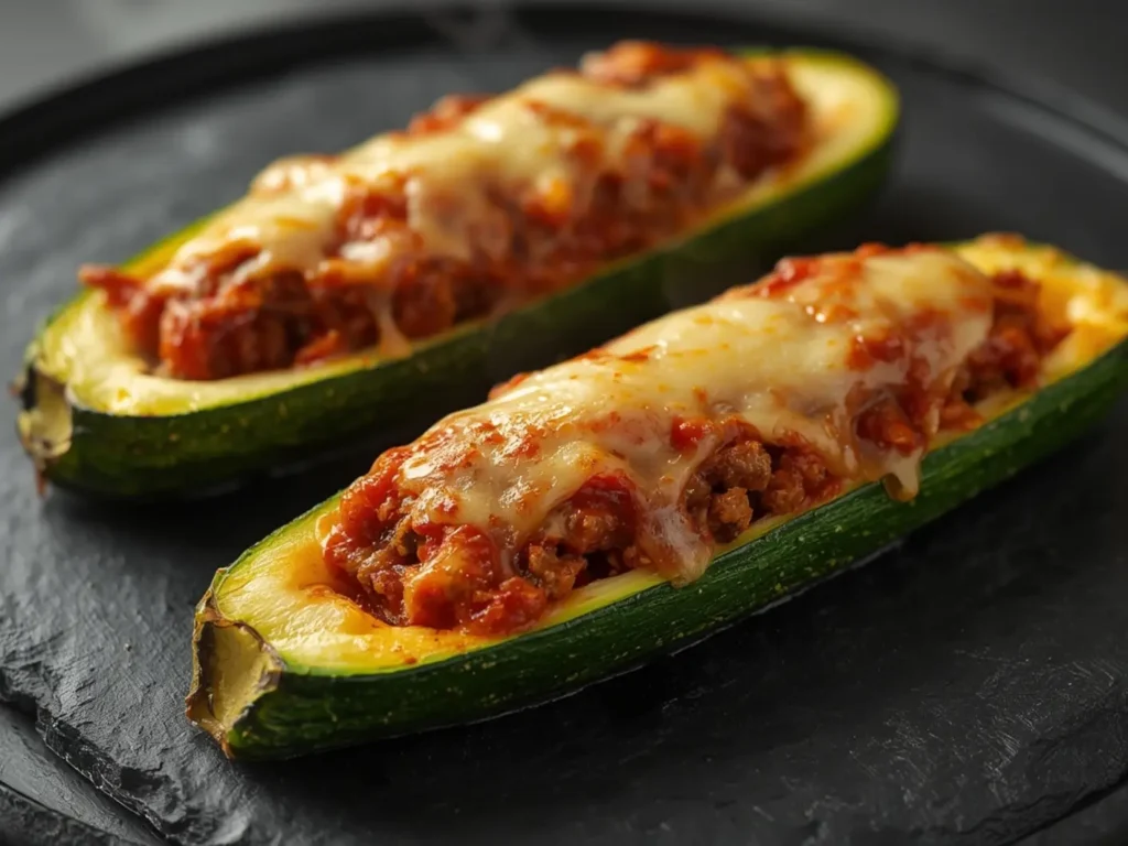 Stuffed Zucchini Boats in Air Fryer: Air fryer stuffed zucchini boats with melted cheese and marinara filling on a plate.