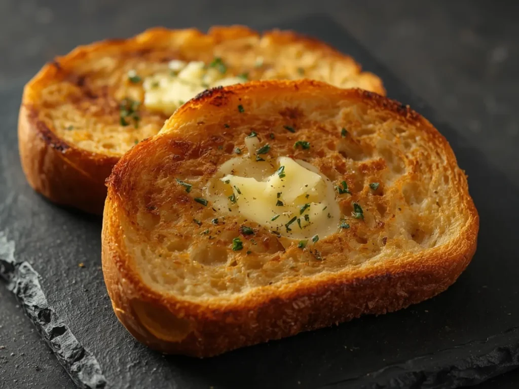 Texas Toast in Air Fryer: Golden brown crispy Texas toast slices with melted garlic butter in an air fryer basket.