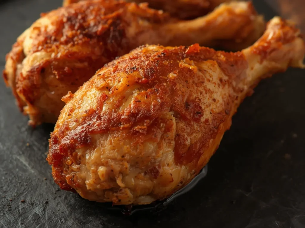 Turkey Legs in Air Fryer: Crispy golden brown turkey legs in air fryer basket with steam rising.