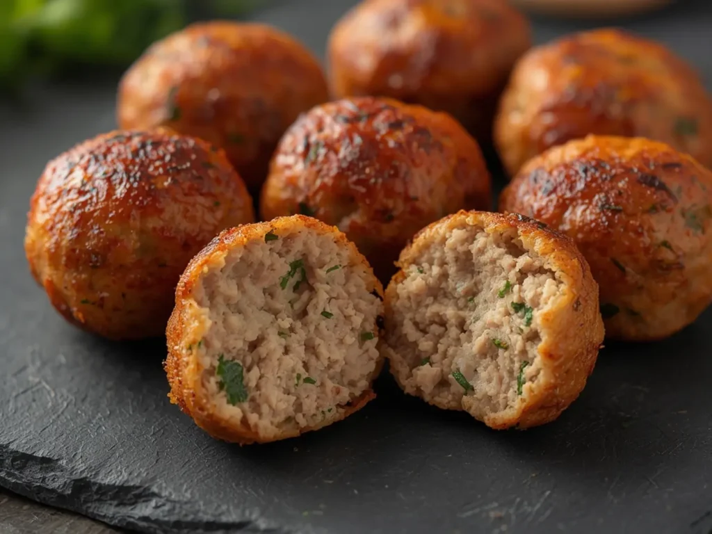 Turkey Meatballs in Air Fryer: Golden brown Turkey Meatballs in Air Fryer with a crispy exterior on a plate, ready to eat.