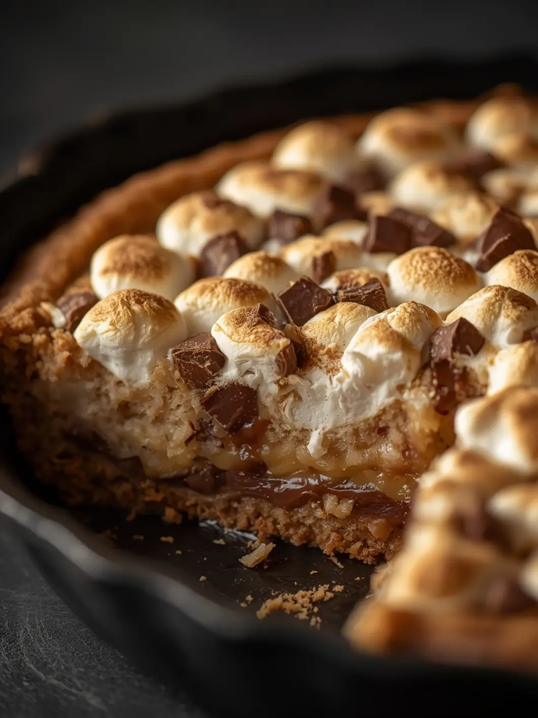 Gooey S'mores Cookie Pie in an air fryer pan with melted chocolate, crispy edges, and toasted mini marshmallows, ready to serve.