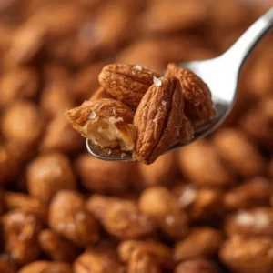 air fryer almonds roasted: Golden brown roasted almonds in an air fryer basket, glistening with sea salt.
