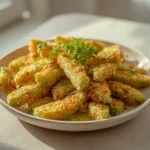 air fryer avocado fries: Crispy golden air fryer avocado fries with a crunchy coating and creamy center arranged on a plate.