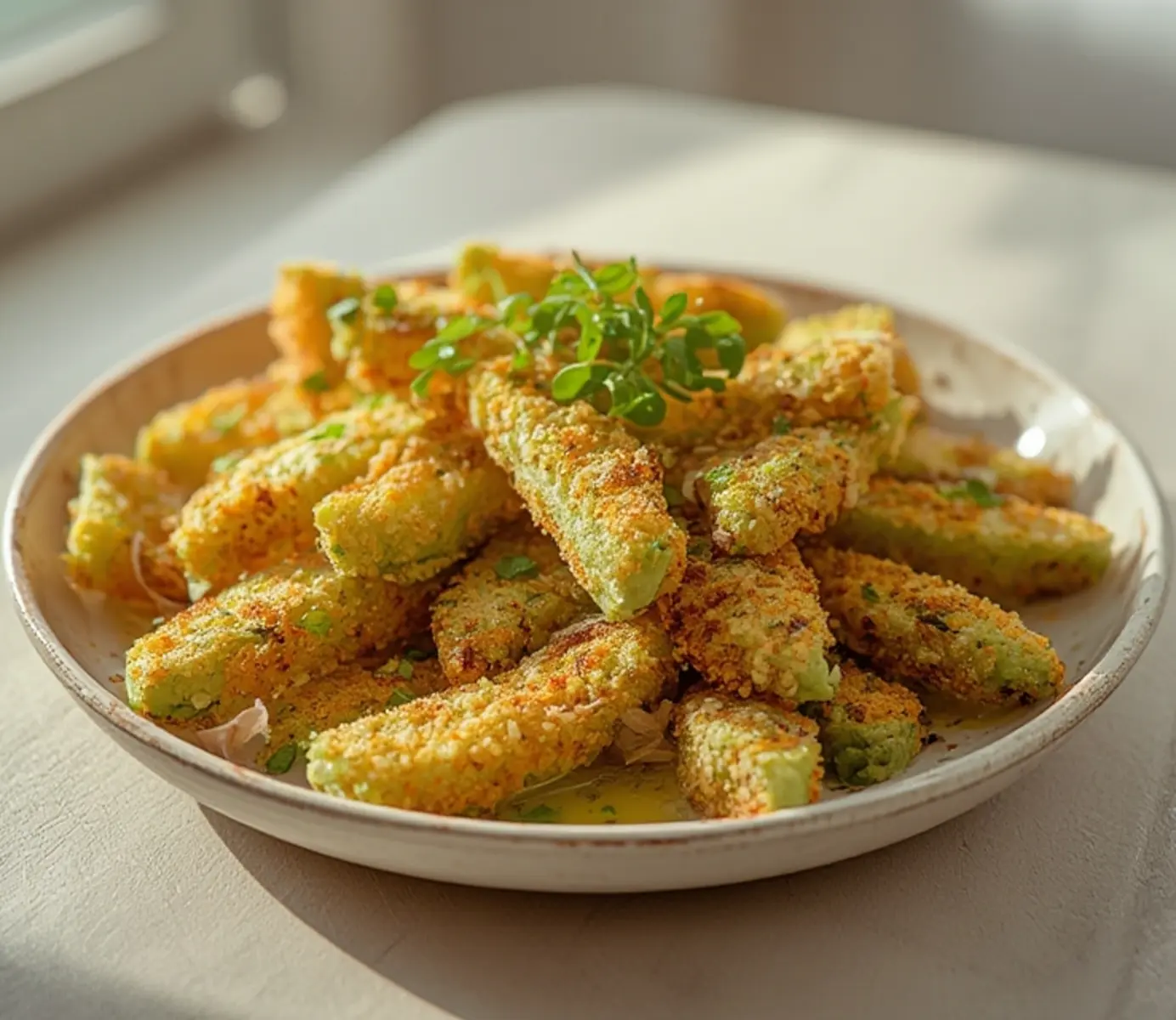 air fryer avocado fries: Crispy golden air fryer avocado fries with a crunchy coating and creamy center arranged on a plate.