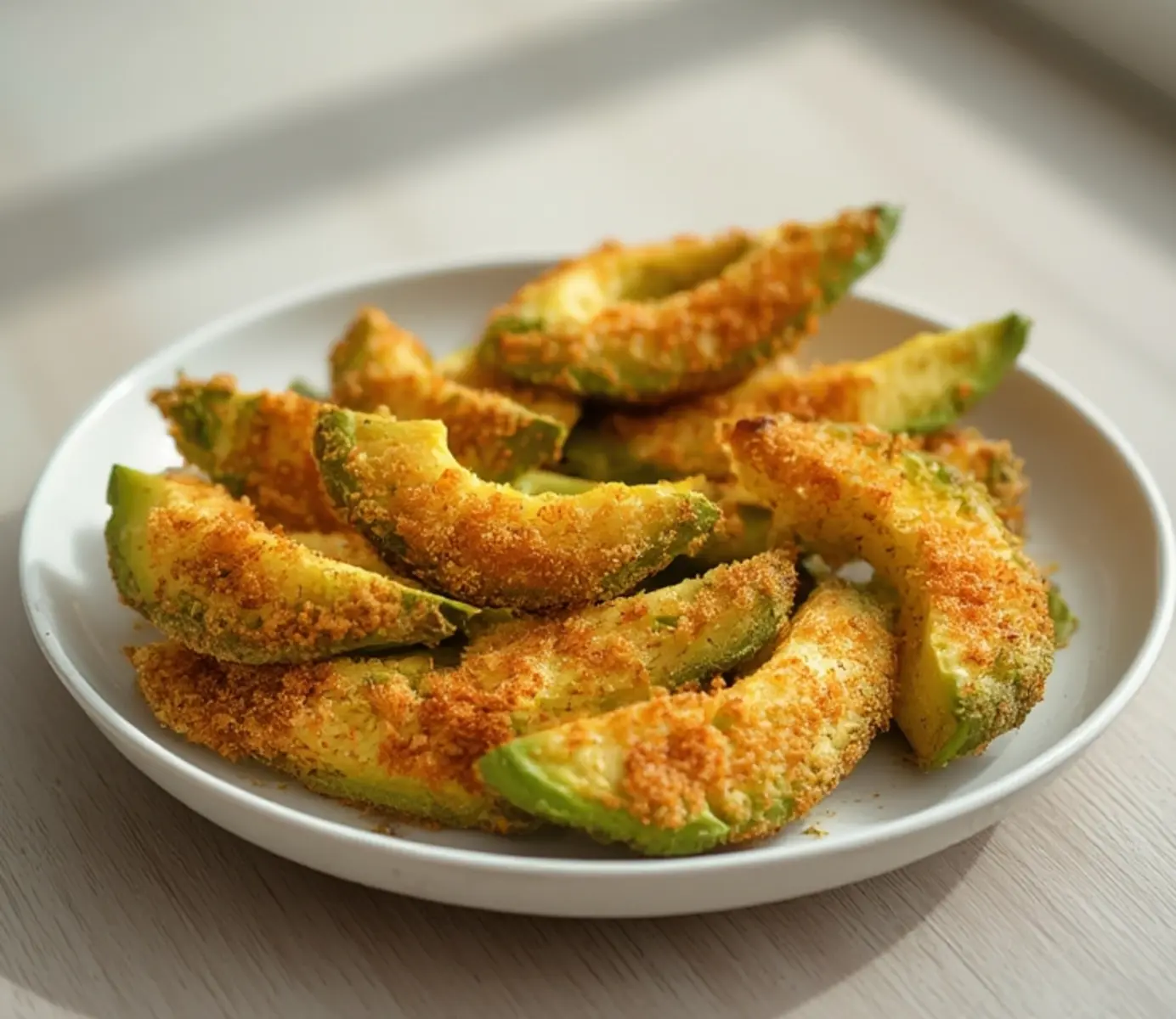 air fryer avocado wedges crispy: Golden crispy air fryer avocado wedges with a crunchy panko coating and visible green avocado interior.