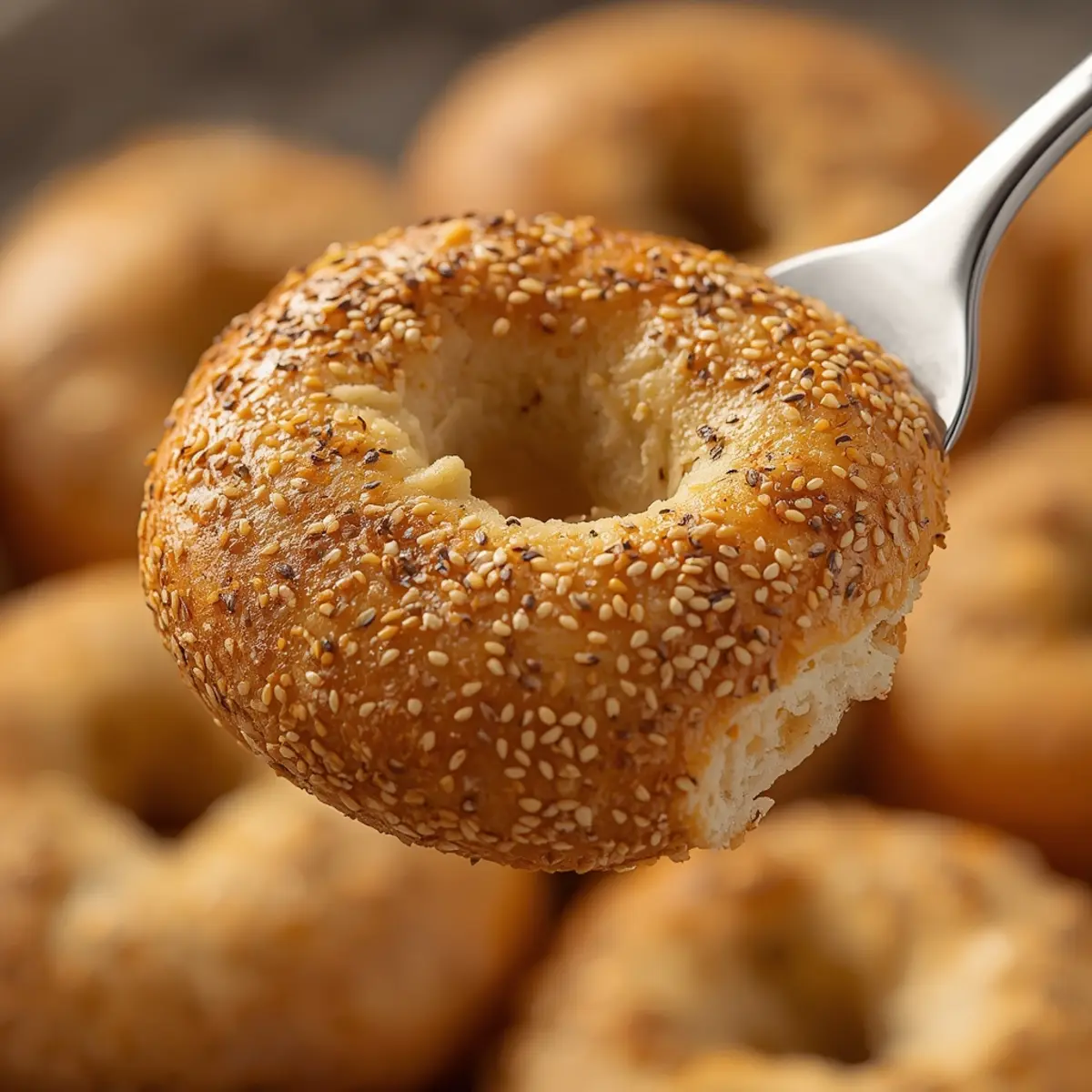 air fryer bagel chips: Stack of golden brown homemade air fryer bagel chips with everything seasoning on a rustic wooden background.