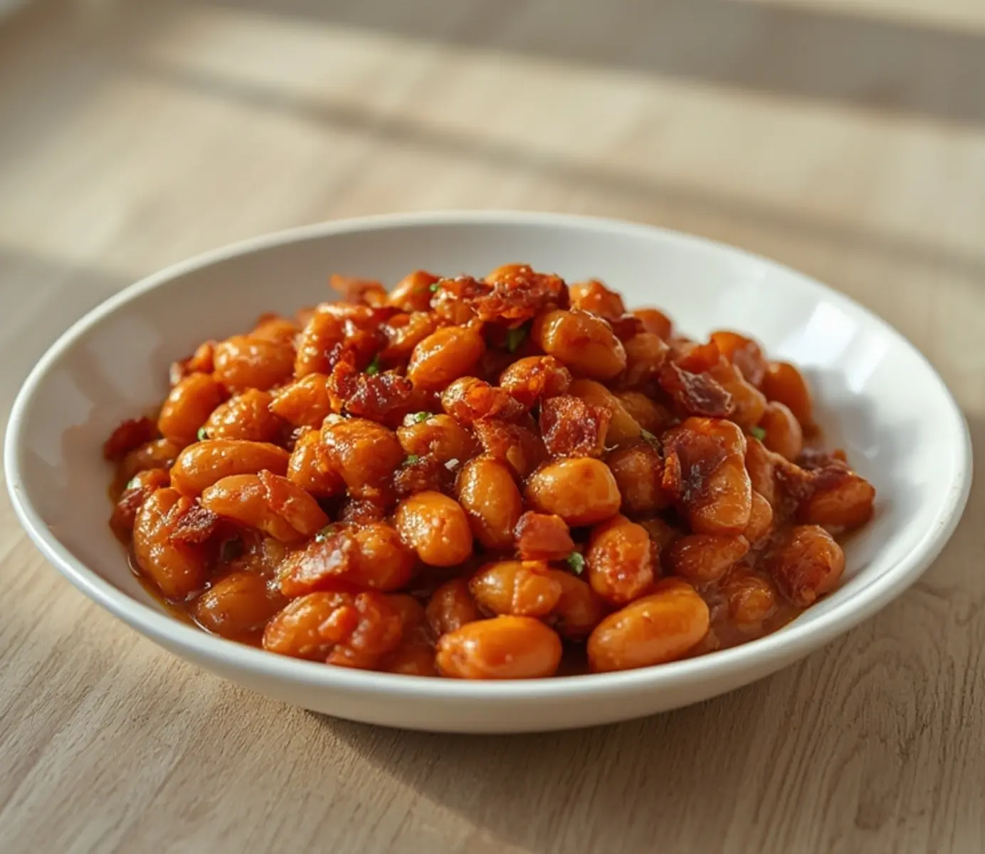 air fryer baked beans: Caramelized crispy air fryer baked beans in a dish with glossy sauce and bacon bits on top.