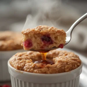 air fryer baked oats: Golden brown baked oats in ramekins topped with fresh berries and maple syrup