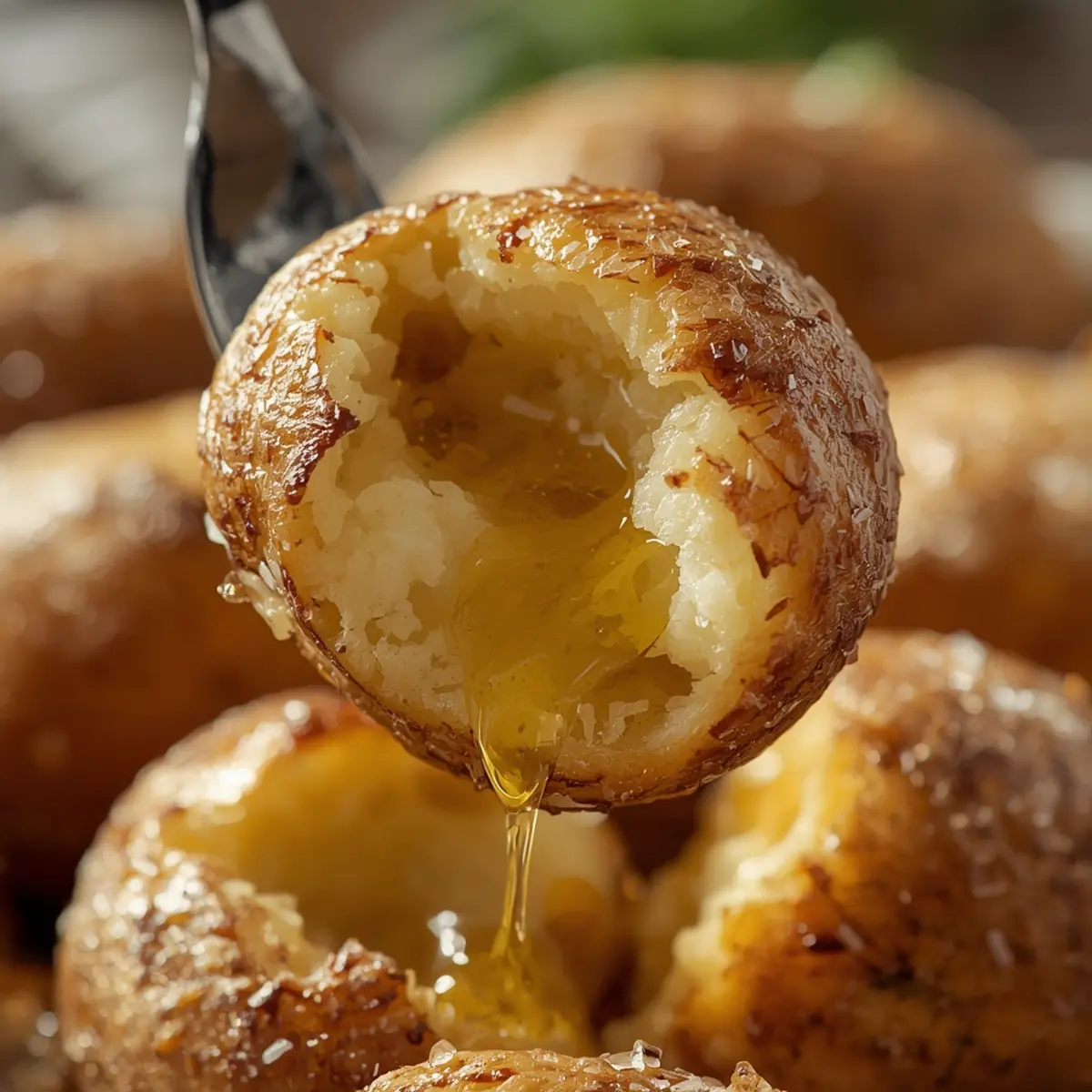 Air Fryer Baked Potatoes: Golden crispy air fryer baked potatoes with fluffy white interior and melted butter drizzle