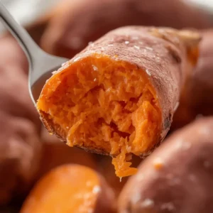 Air Fryer Baked Sweet Potato: Crispy skinned air fryer baked sweet potato with fluffy orange interior, steam rising from the split center.