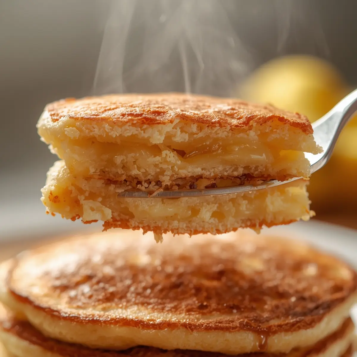 air fryer banana pancakes: Stack of golden fluffy air fryer banana pancakes dripping with syrup
