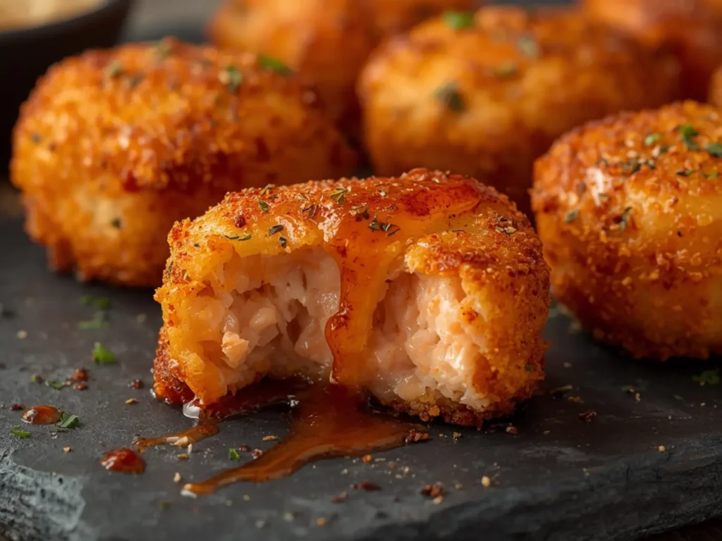 Air Fryer Bang Bang Salmon Bites: Crispy golden air fryer bang bang salmon bites coated in creamy spicy sauce on a plate.