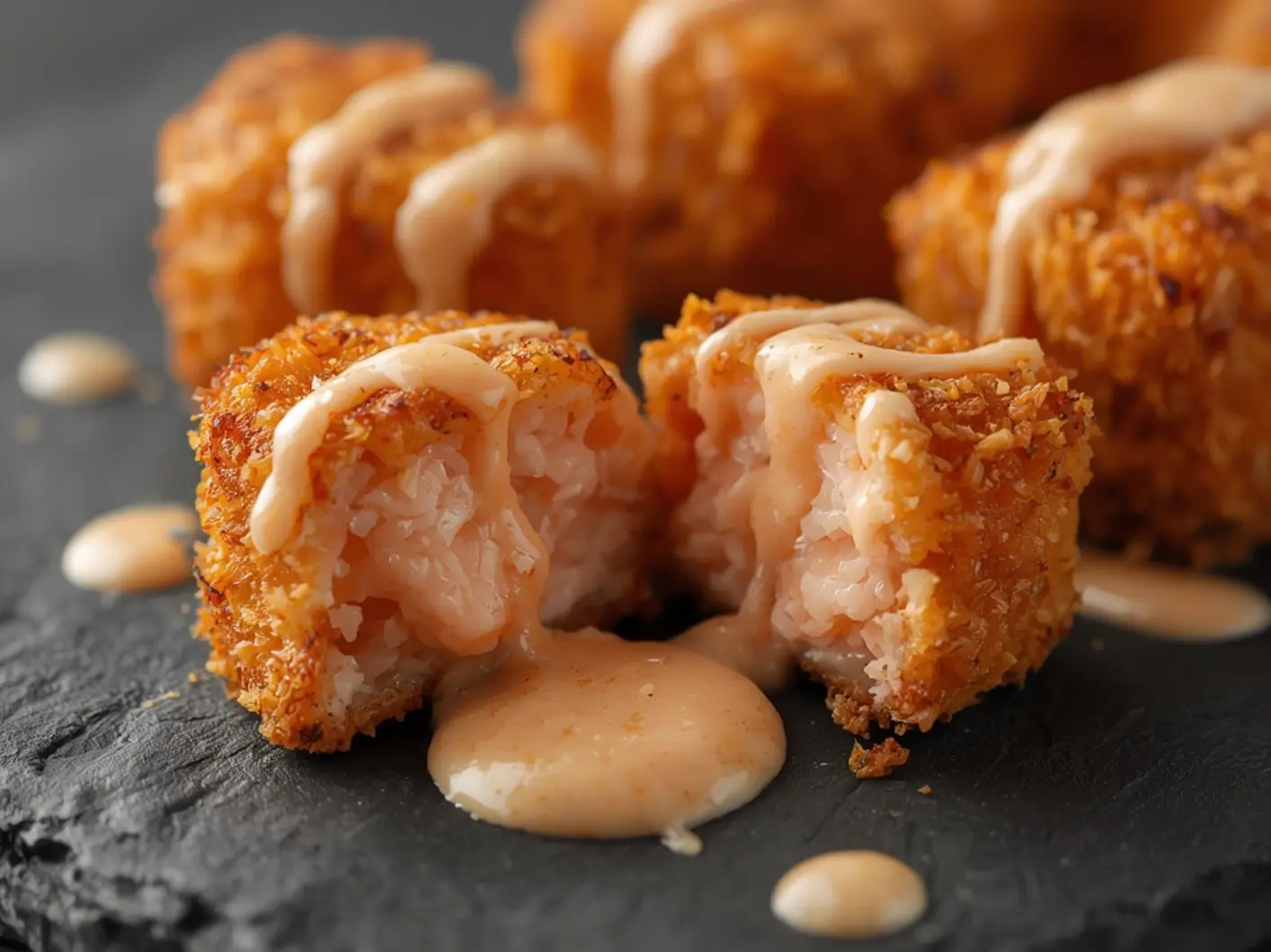 Air Fryer Bang Bang Salmon Bites with Coconut Sauce: Crispy golden air fryer salmon bites topped with creamy coconut sauce and drizzled with bang bang sauce.