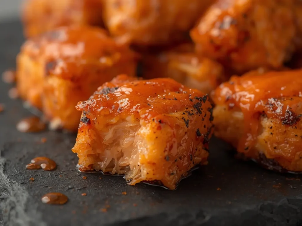 Air Fryer Bang Bang Salmon Bites with Sriracha Mayo: Crispy golden salmon bites coated in creamy bang bang sauce in a bowl