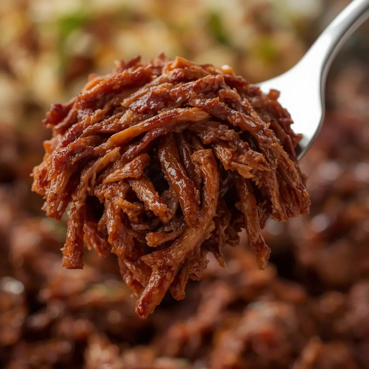 air fryer barbacoa beef: Tender shredded air fryer barbacoa beef with dark spices and juicy shine in a close-up view.