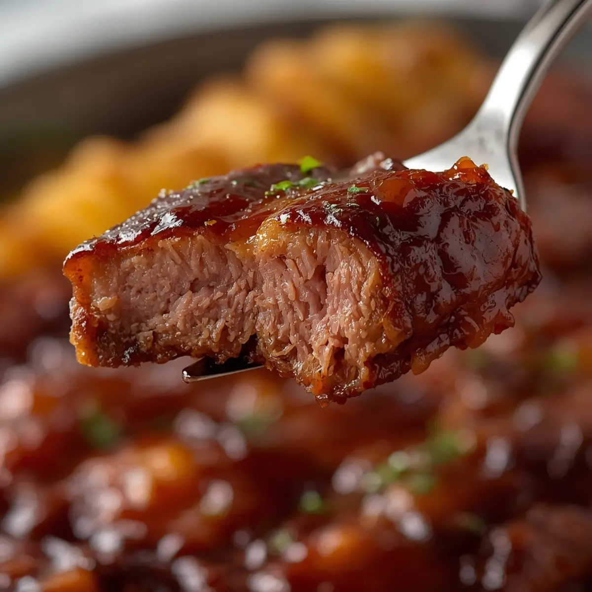 air fryer bbq ribs memorial day: Close-up of glazed BBQ ribs with sticky sauce, charred edges, and tender meat falling off the bone.