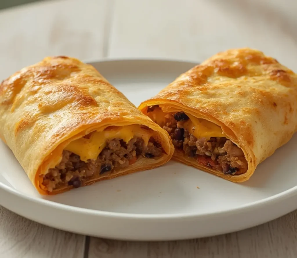 air fryer beef chimichanga: Crispy golden brown air fryer beef chimichanga on a plate with melted cheese oozing out and a side of salsa.