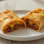 air fryer beef chimichanga: Crispy golden brown air fryer beef chimichanga on a plate with melted cheese oozing out and a side of salsa.