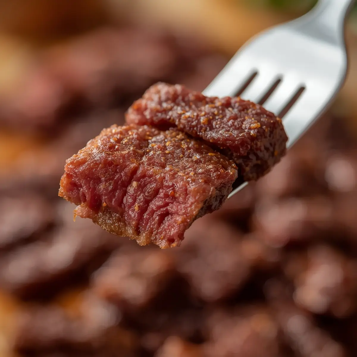 air fryer beef jerky: Crispy, dark brown air fryer beef jerky strips with spice flecks and curled edges on a close-up view.