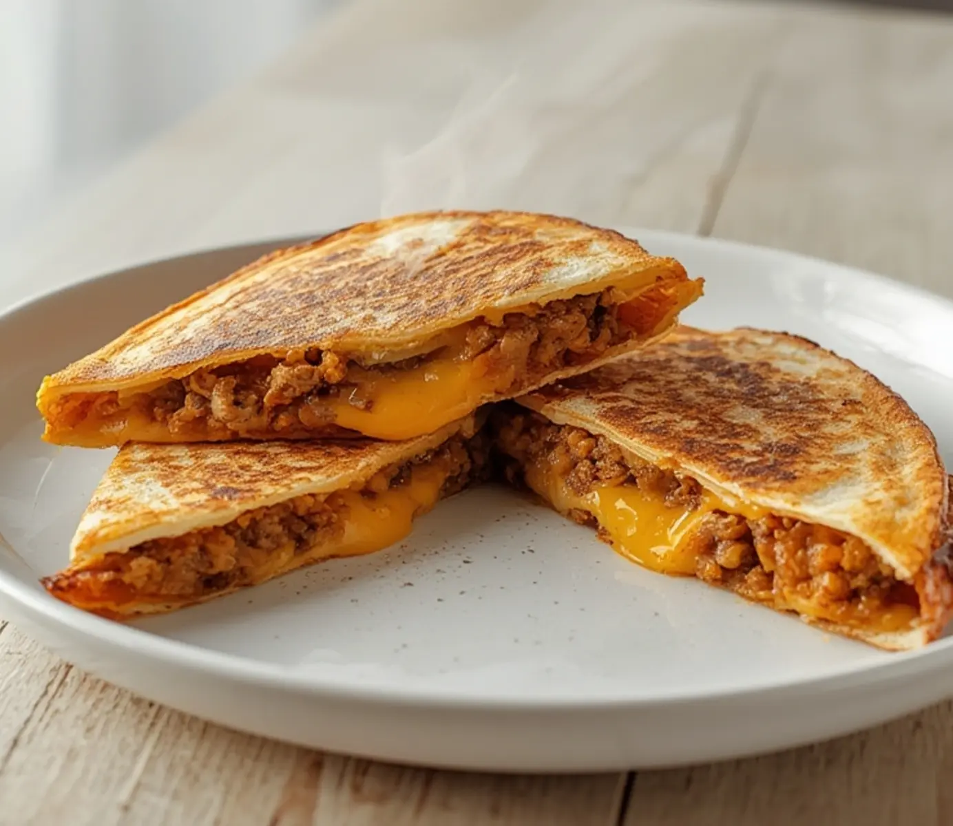 air fryer beef quesadilla: Golden crispy air fryer beef quesadilla with melted cheese and seasoned ground beef filling.