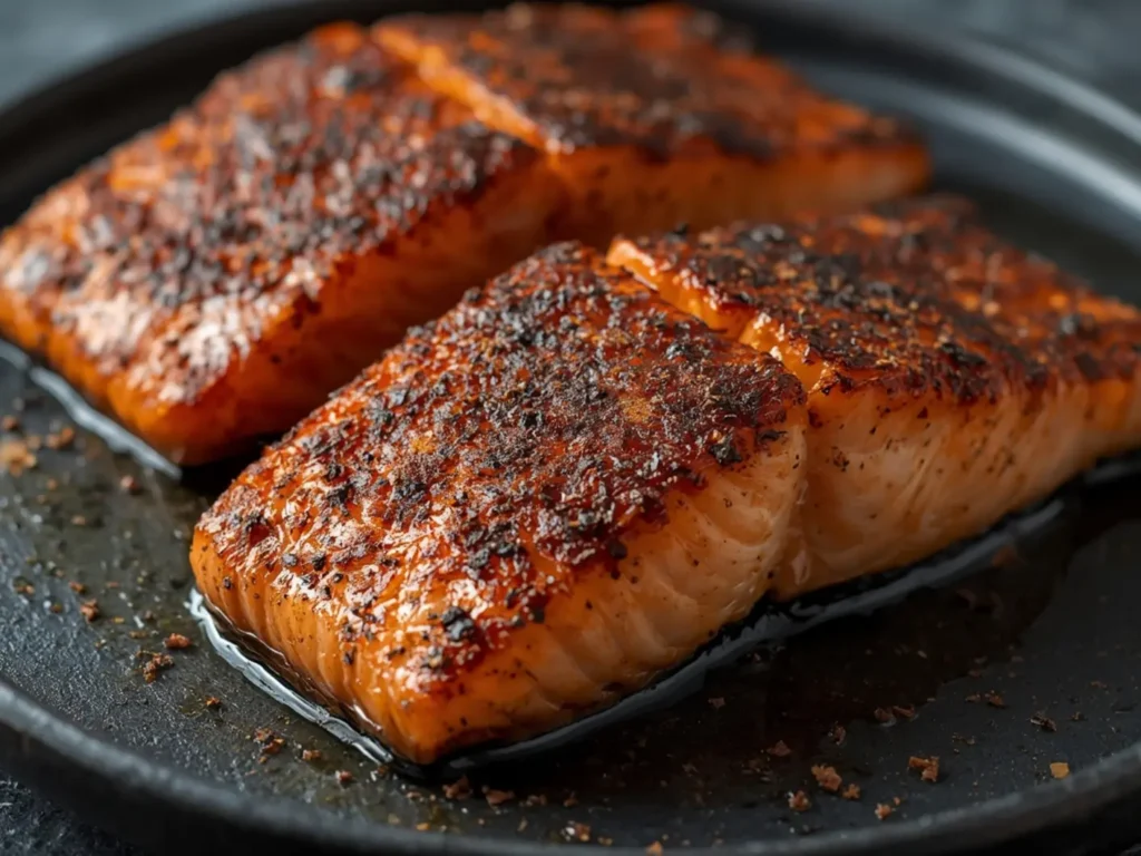 Air Fryer Blackened Salmon: Crispy blackened salmon fillets with a dark, seasoned crust and flaky pink interior in an air fryer basket.