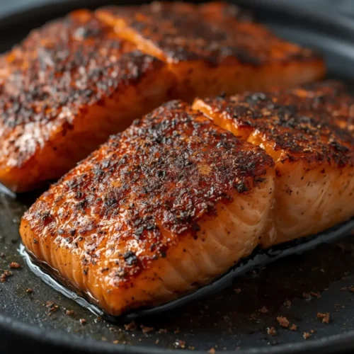 Air Fryer Blackened Salmon: Crispy blackened salmon fillets with a dark, seasoned crust and flaky pink interior in an air fryer basket.