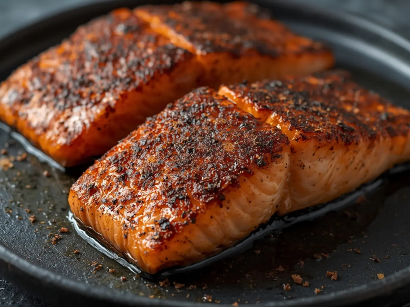 Air Fryer Blackened Salmon: Crispy blackened salmon fillets with a dark, seasoned crust and flaky pink interior in an air fryer basket.
