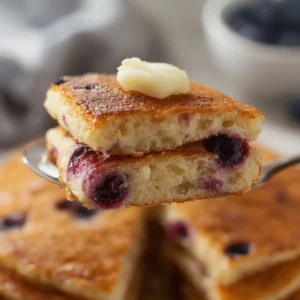 air fryer blueberry pancakes: Golden crispy air fryer blueberry pancakes with juicy berries on top