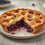 air fryer blueberry pie: Golden air fryer blueberry pie with bubbly blueberry filling and crispy crust up close.