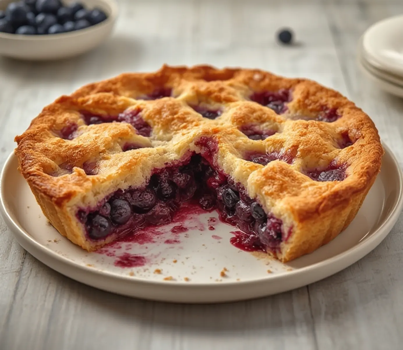 air fryer blueberry pie: Golden air fryer blueberry pie with bubbly blueberry filling and crispy crust up close.