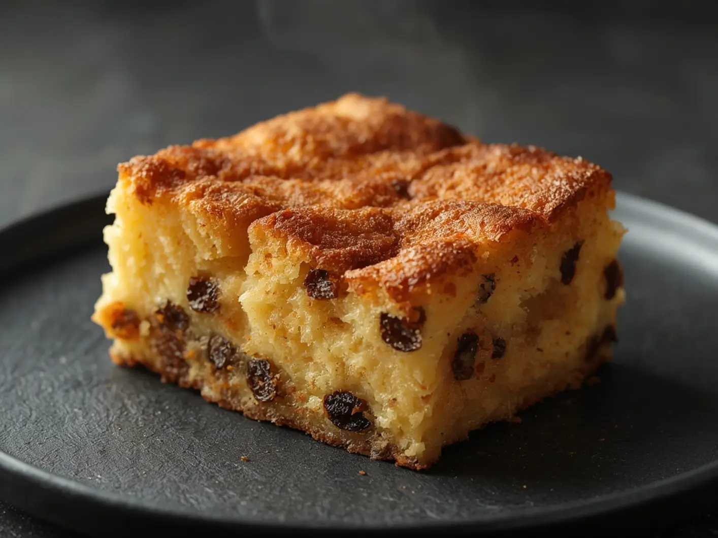 Air Fryer bread pudding: Golden brown air fryer bread pudding in a pan with visible custard-soaked bread pieces and raisins.