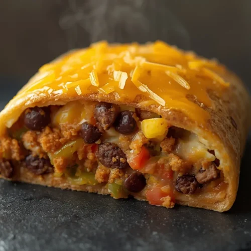 Air Fryer Breakfast burrito bowl: A close-up of a golden-brown air fryer breakfast burrito bowl with fluffy eggs, black beans, melted cheese, and colorful peppers in a skillet.